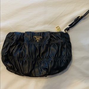Prada black leather trimmed Tessuto wristlet